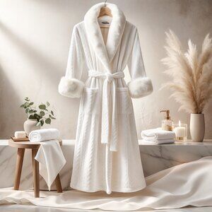 Jones New York Signature White Plush w/ Faux Fur Soft Spa Robe | S M NWOT